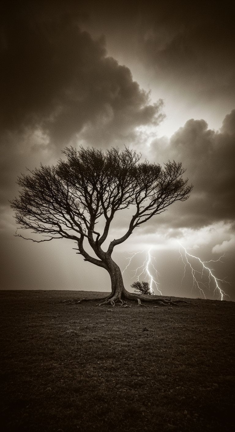 Windswept Tree Silhouetted Against Stormy Sky