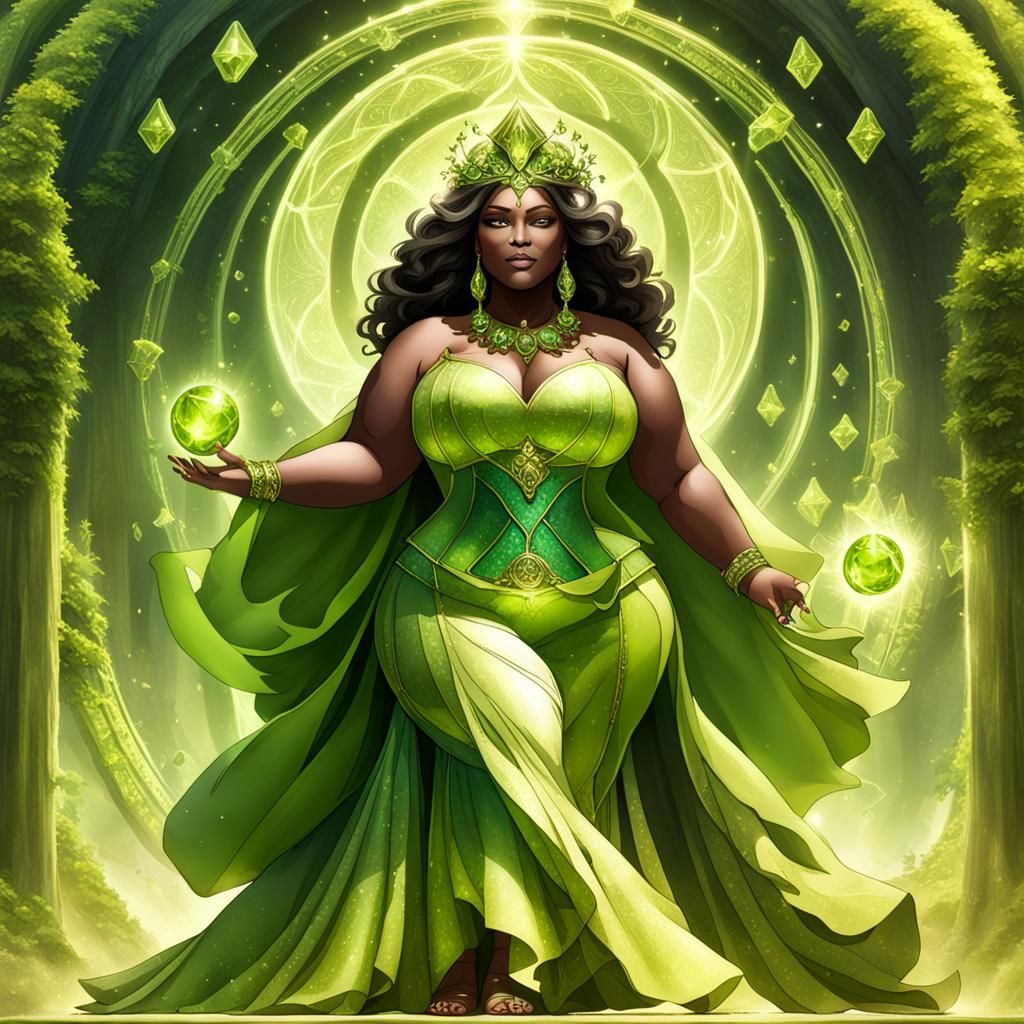Divine Peridot Goddess in Mystical Fantasy Setting