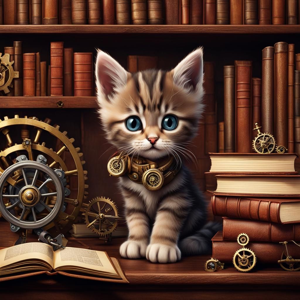 Steampunk Kitten Playing Among Scattered Books