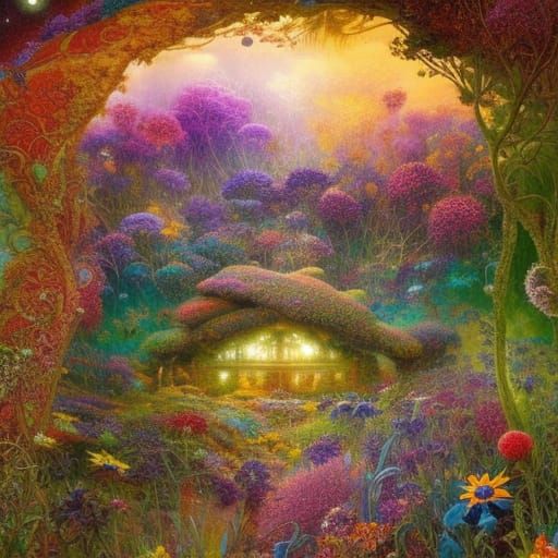 Glowing Flowers in Bottle with Rainbow Sky