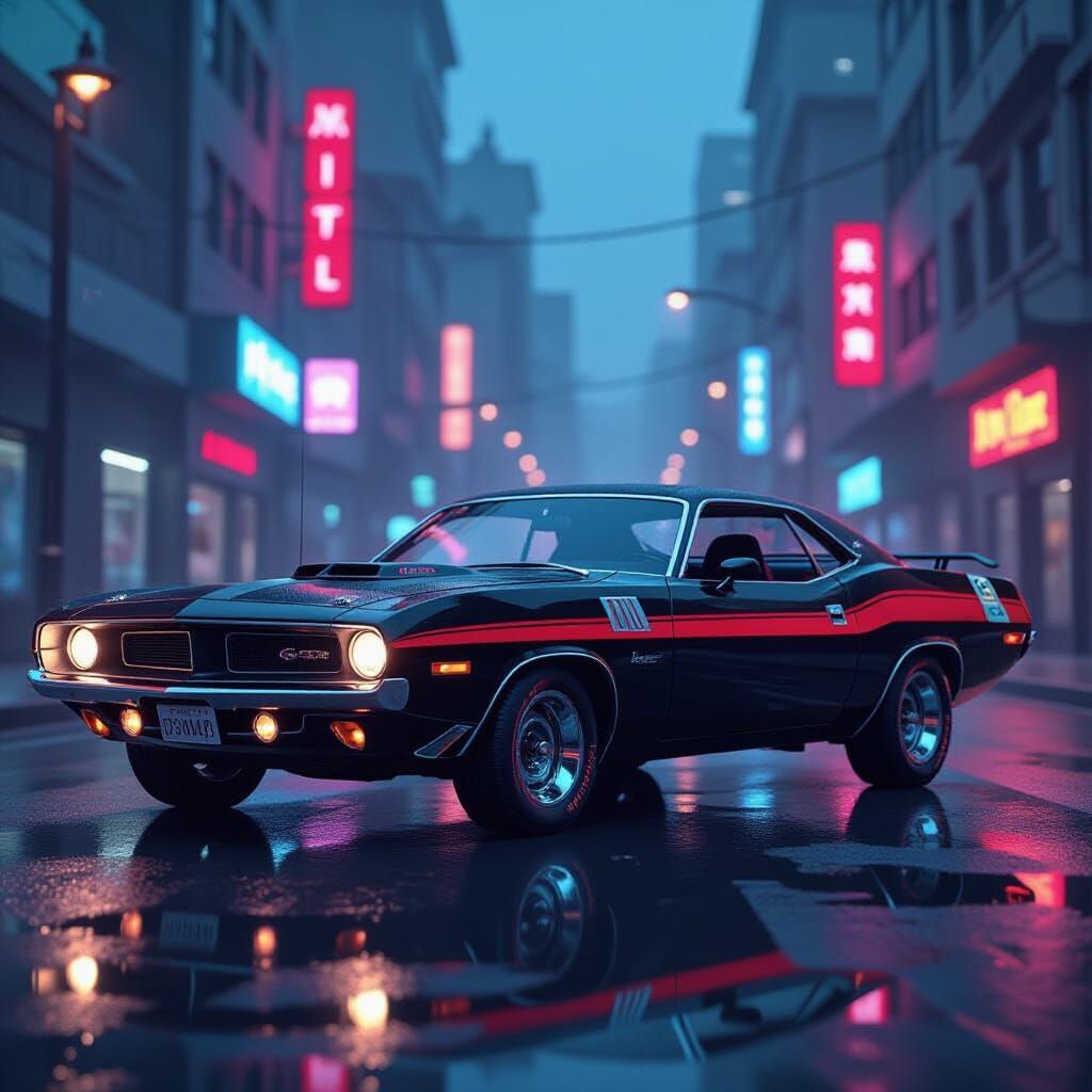 Cyberpunk 1970 Plymouth Barracuda on Neon Street