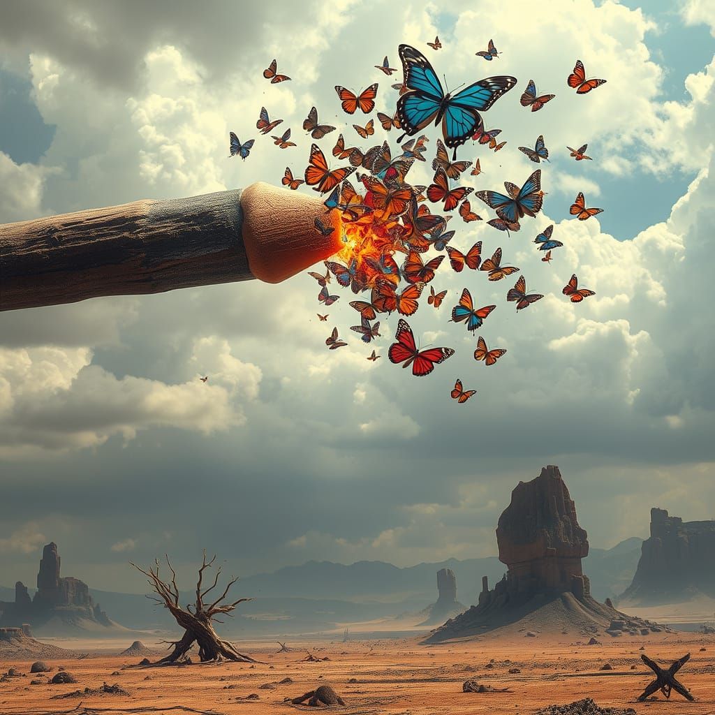 Butterflies Emerge From Giant Pencil Piercing Sky