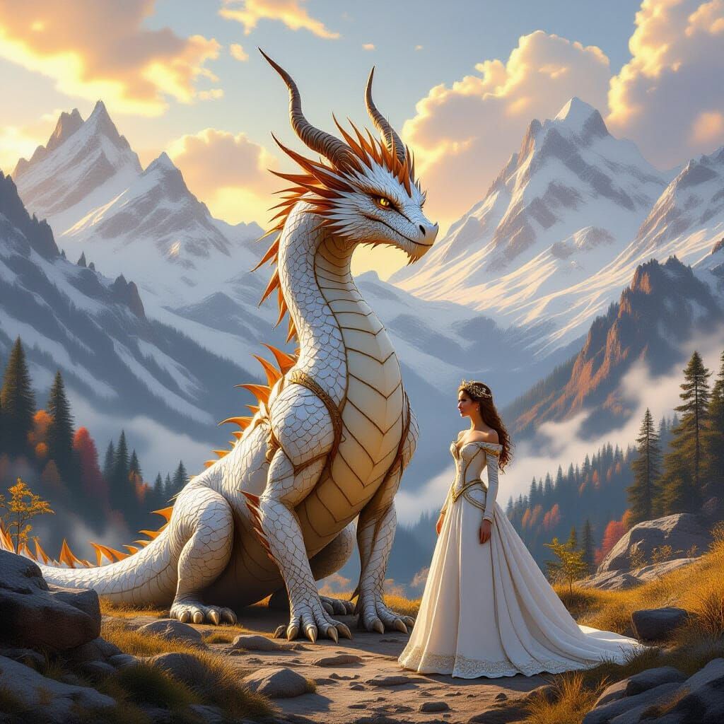 Majestic Dragon and Princess in Epic Mountain Landscape