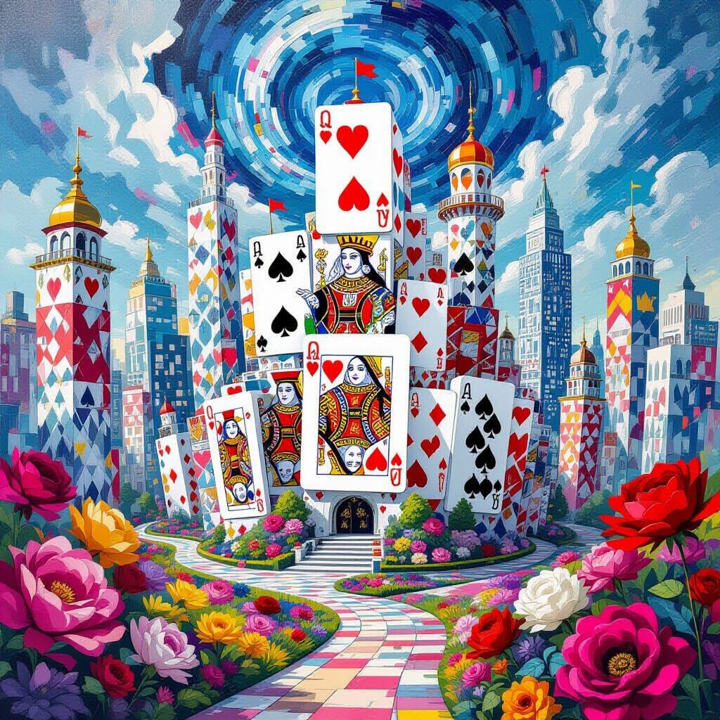 Futuristic Cityscape of Playing Card Buildings