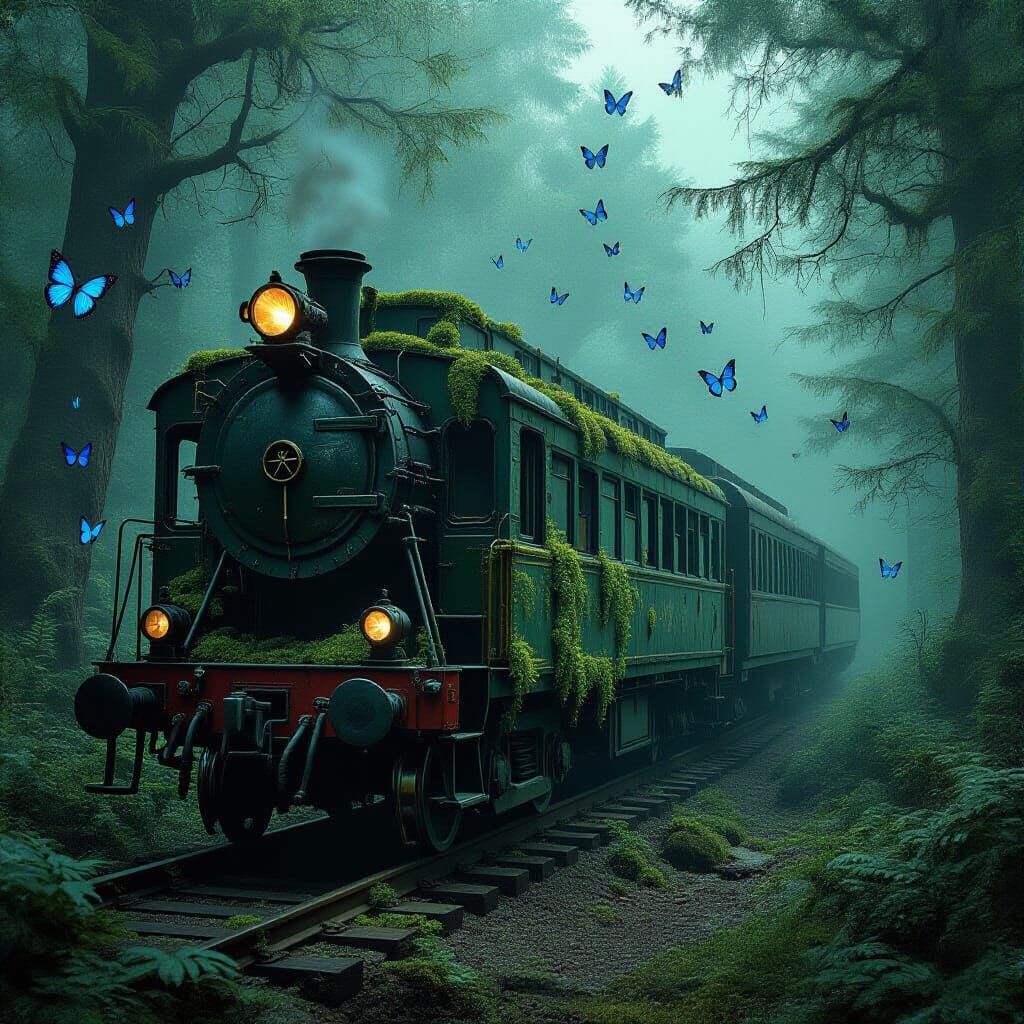 Mysterious Train in Mist-Shrouded Forest