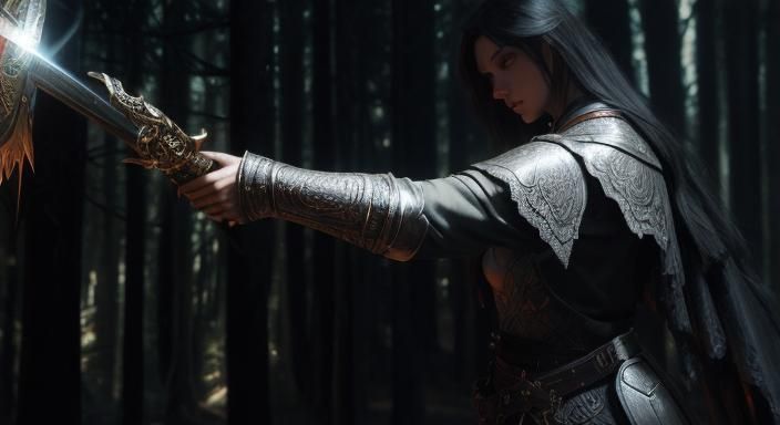 Mystical Warrior in Forest: Digital Art in Dark Surrealism