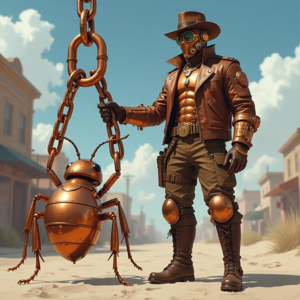 Steampunk Bionic Man and Giant Ant Companion
