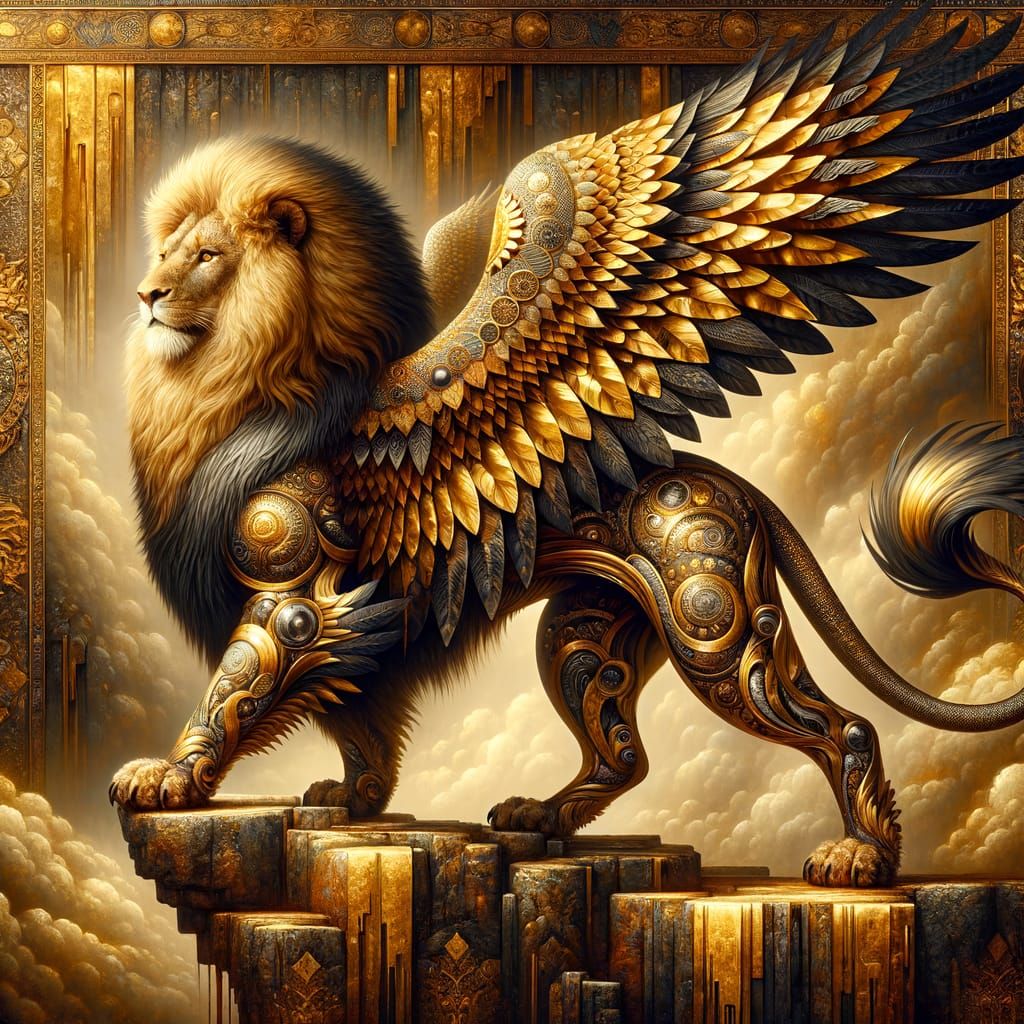 A majestic hybrid animal that combines a lion and an eagle