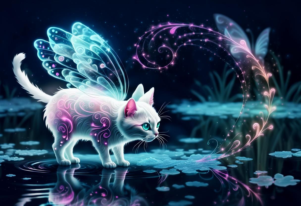 Bioluminescent Fairy Cat with Psychedelic Background