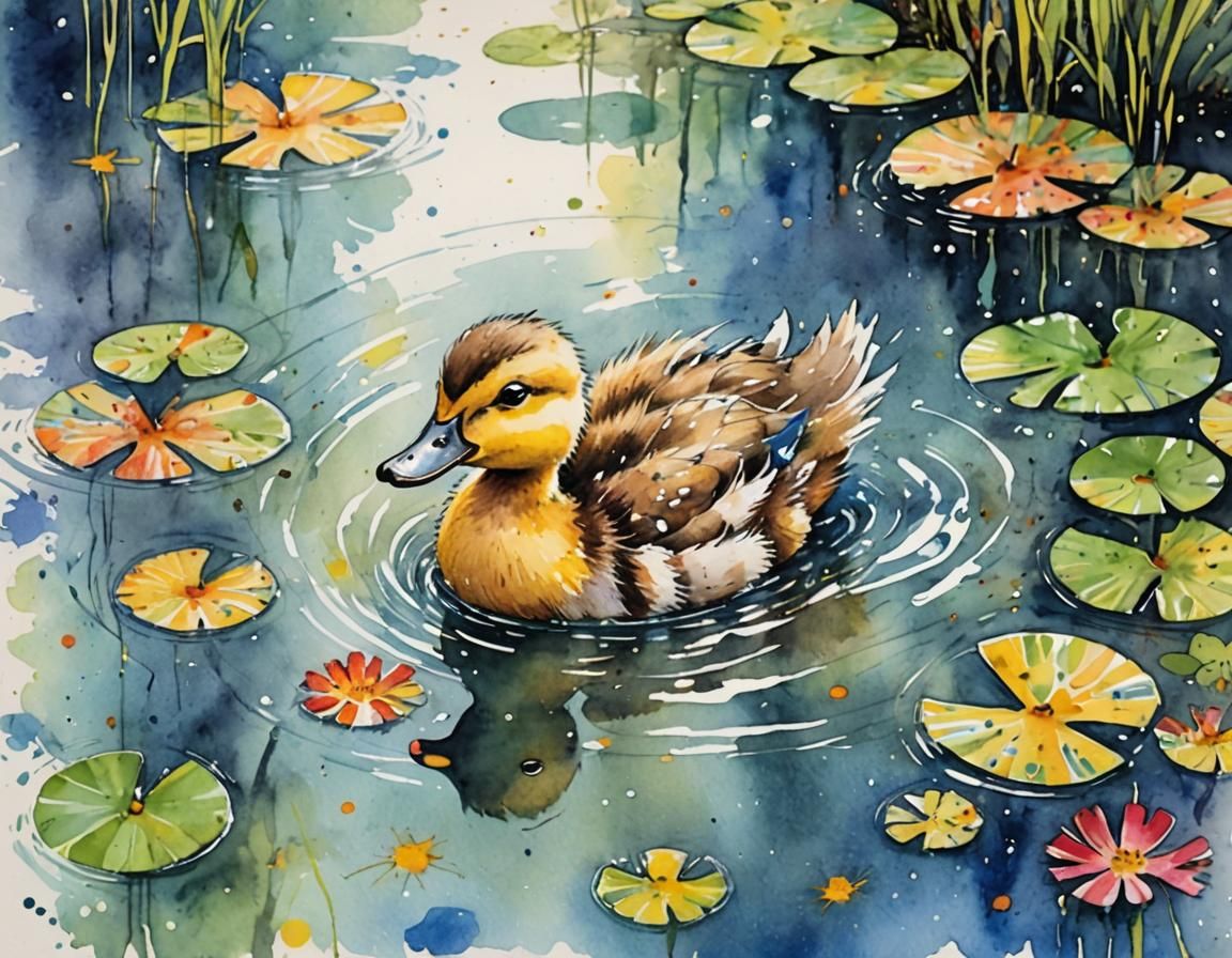 Duckling Swimming: A Colorful Watercolor Painting