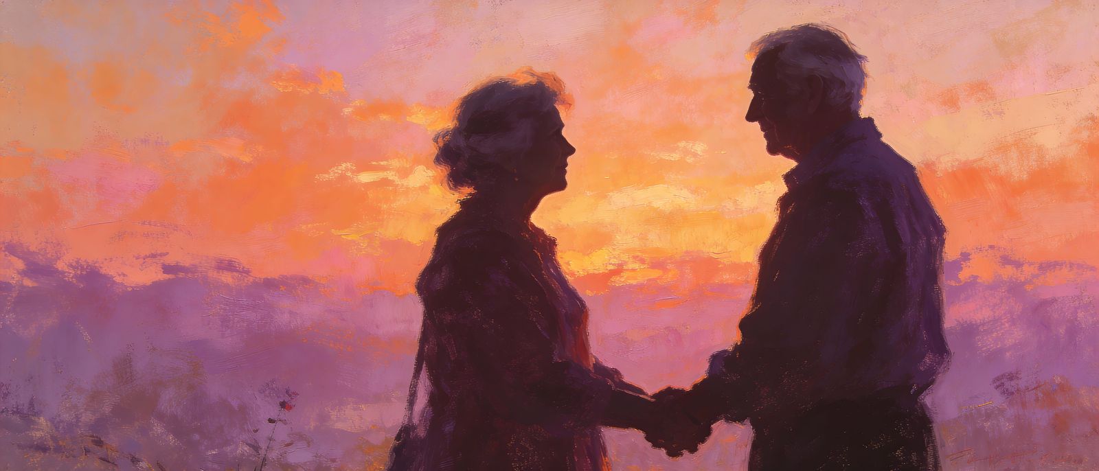 Elderly Couple Silhouetted at Sunset in Oil Painting Style