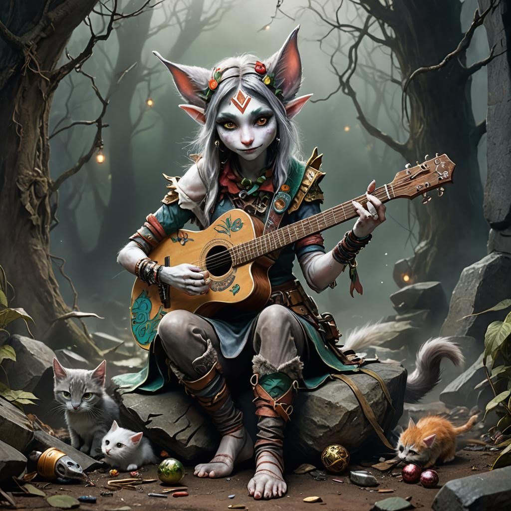 Elf Rock Musician with Kitten, Grungy Art Style