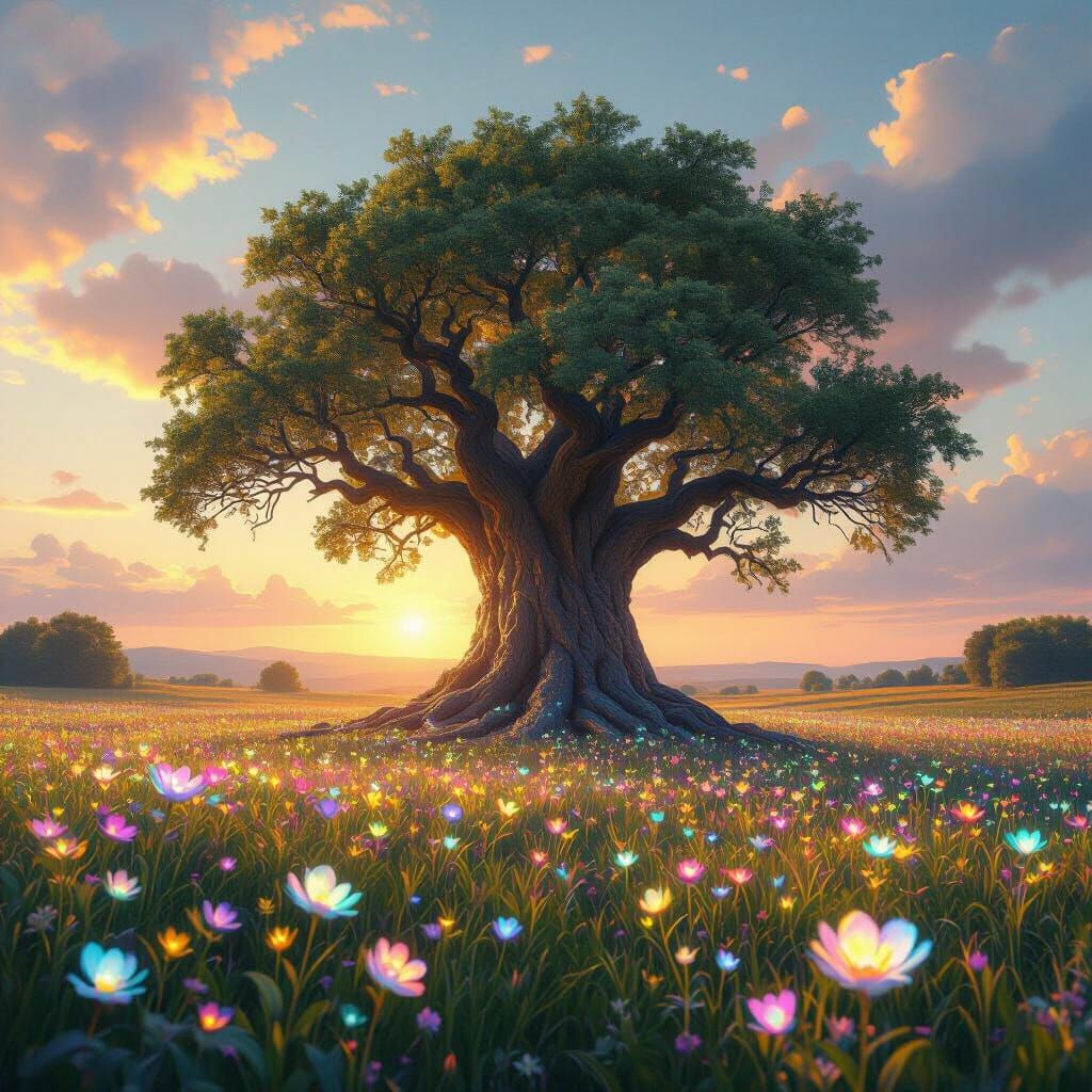 Crystal Tree in Iridescent Meadow, Digital Art