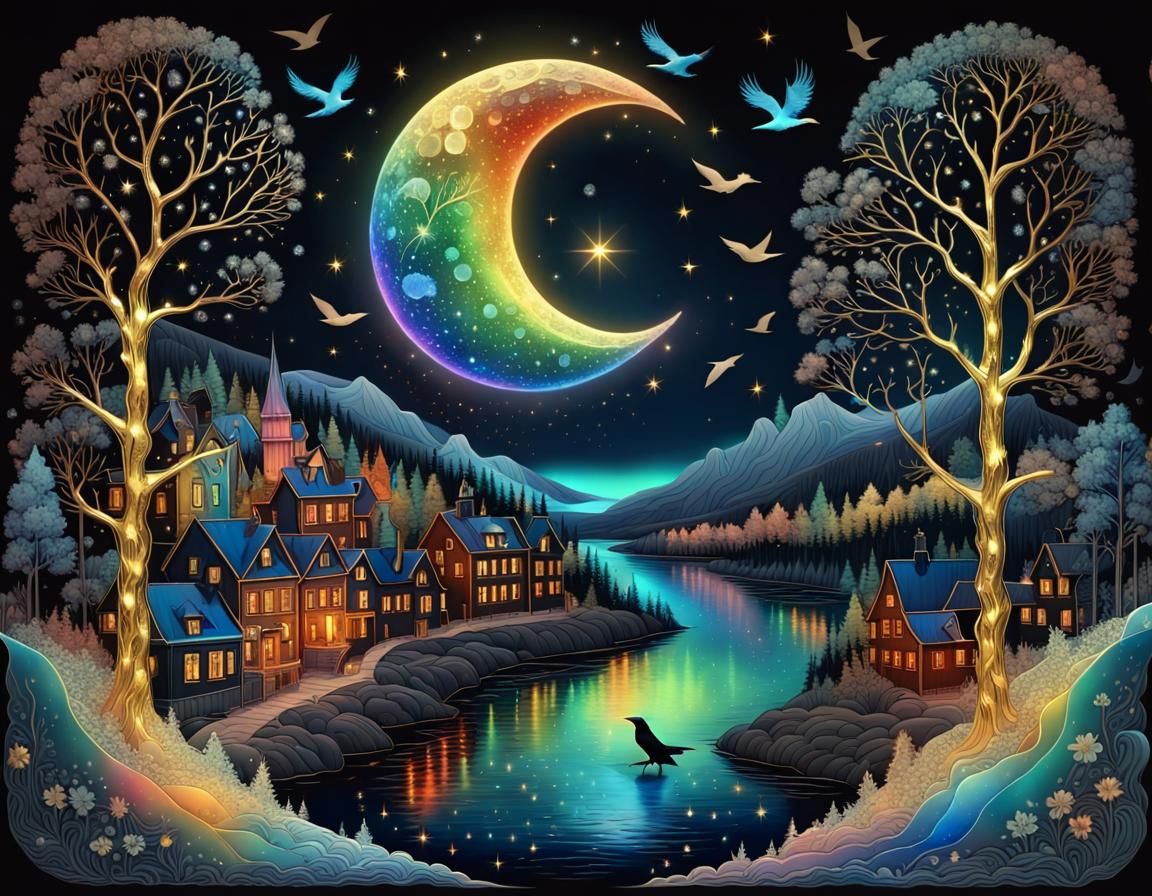 Crystal Moon Over Forest in Palekh Style