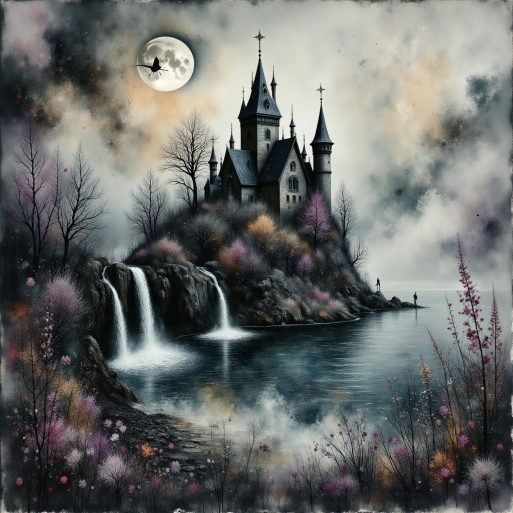 Monochromatic Purple Gothic Mansion by Misty Sea