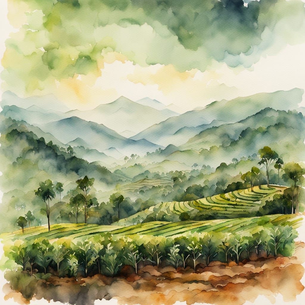 Lush Ceylon Tea Plantation in Watercolor Style