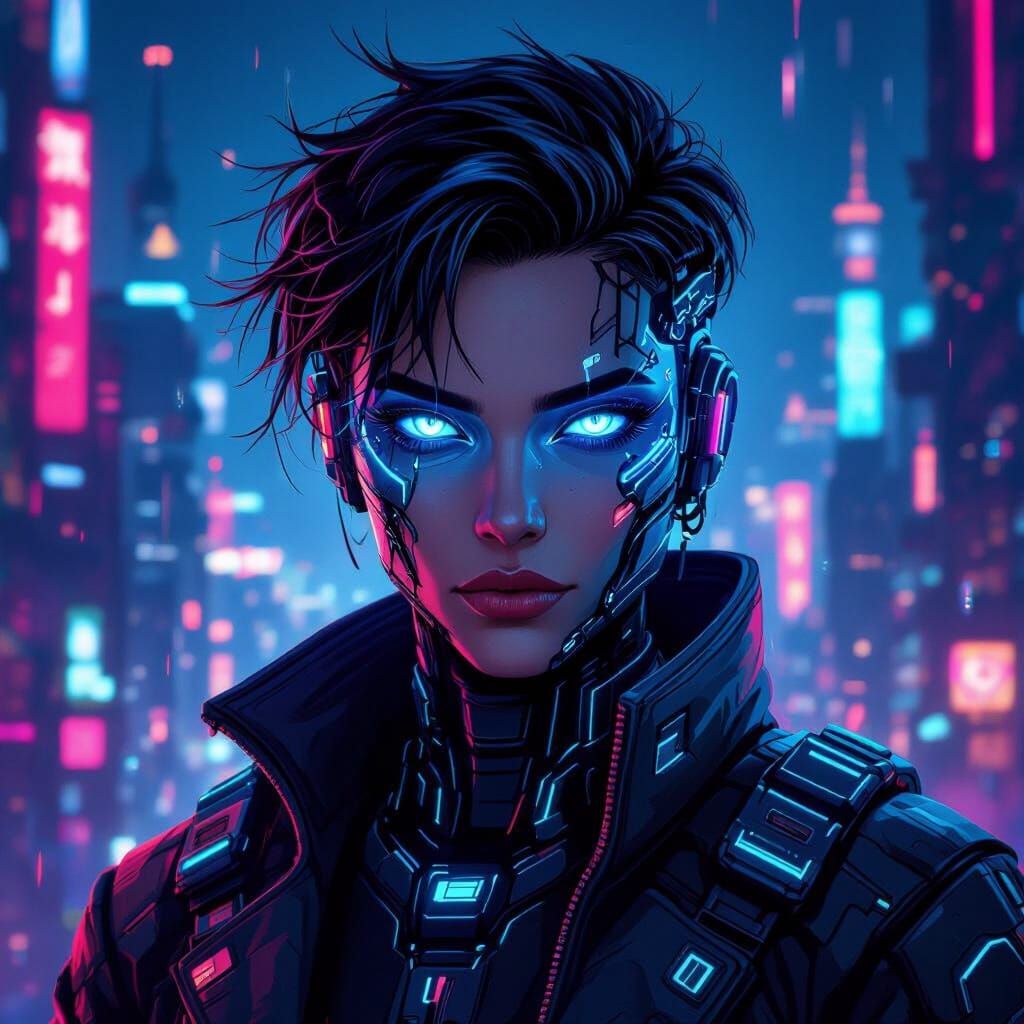 Futuristic Cyberpunk Character with Neon Eyes in Cityscape