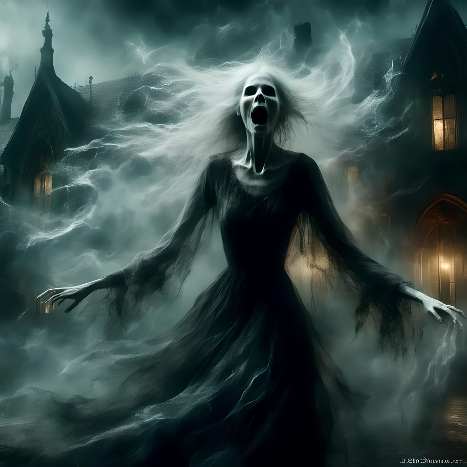 Ethereal Banshee Screaming in the Night as Impressionist Oil...