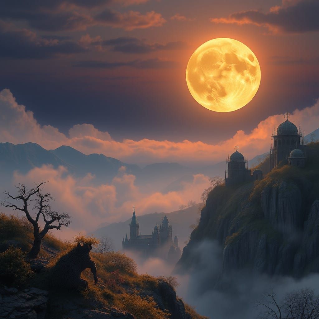 Surreal Moonrise in Dreamy, Ethereal Landscape