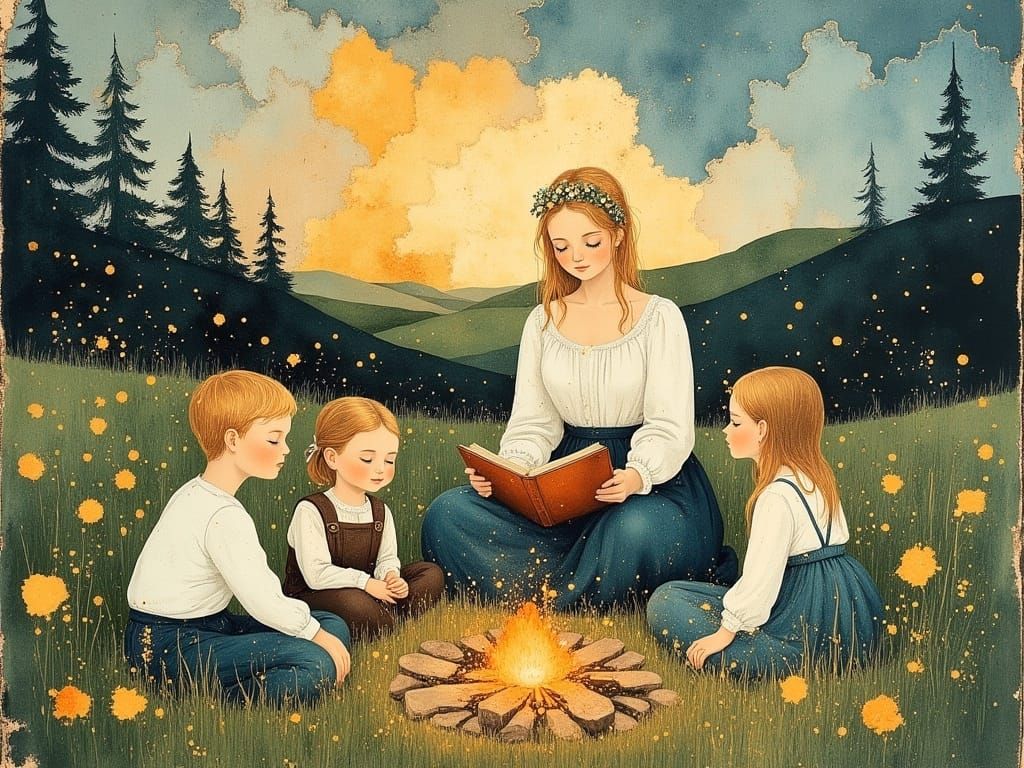 Watercolor Scene of Woman Reading to Children at Dusk