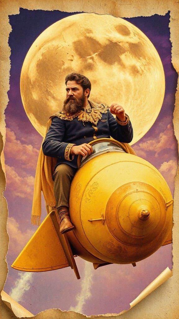 Bestselling French science fiction novelist Jules Verne riding a rocketship to the moon circa 1890. "From the Earth to t...