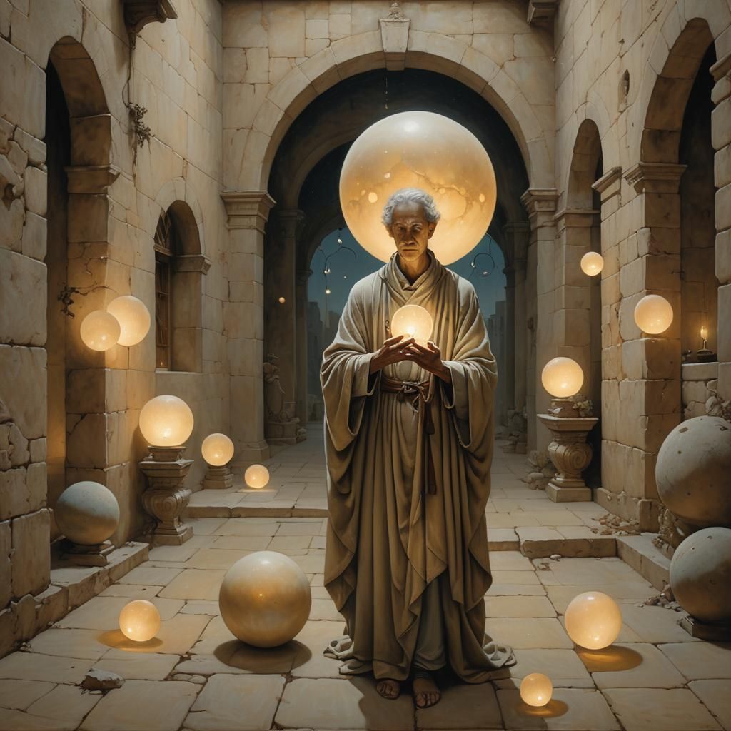 Mystical Courtyard: Surreal Oil Painting of Fading Memories