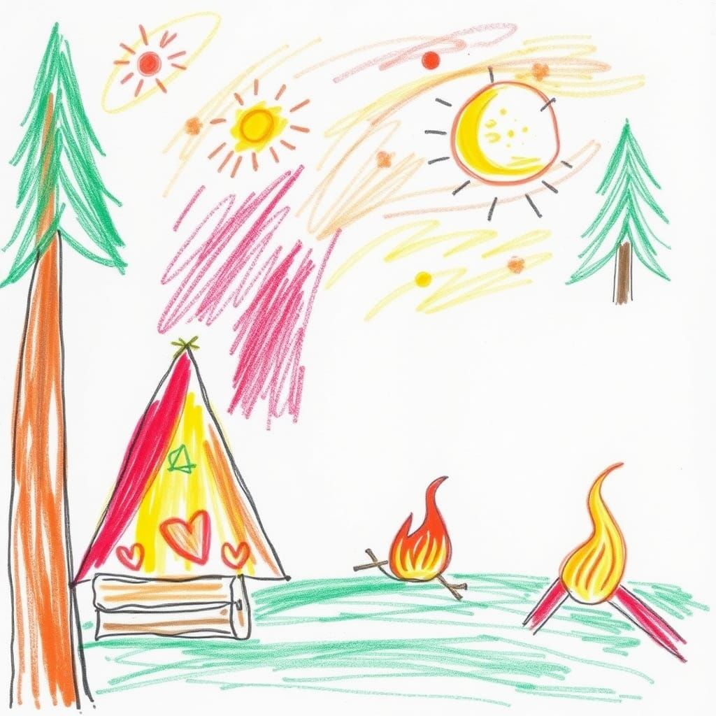 Childlike Camp Drawings in Crude Crayon Style