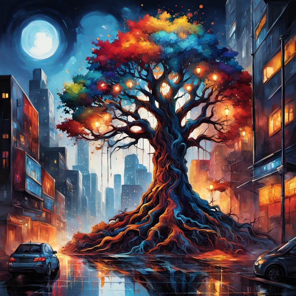 Mystical Tree Goddess in Vibrant Street Art Style