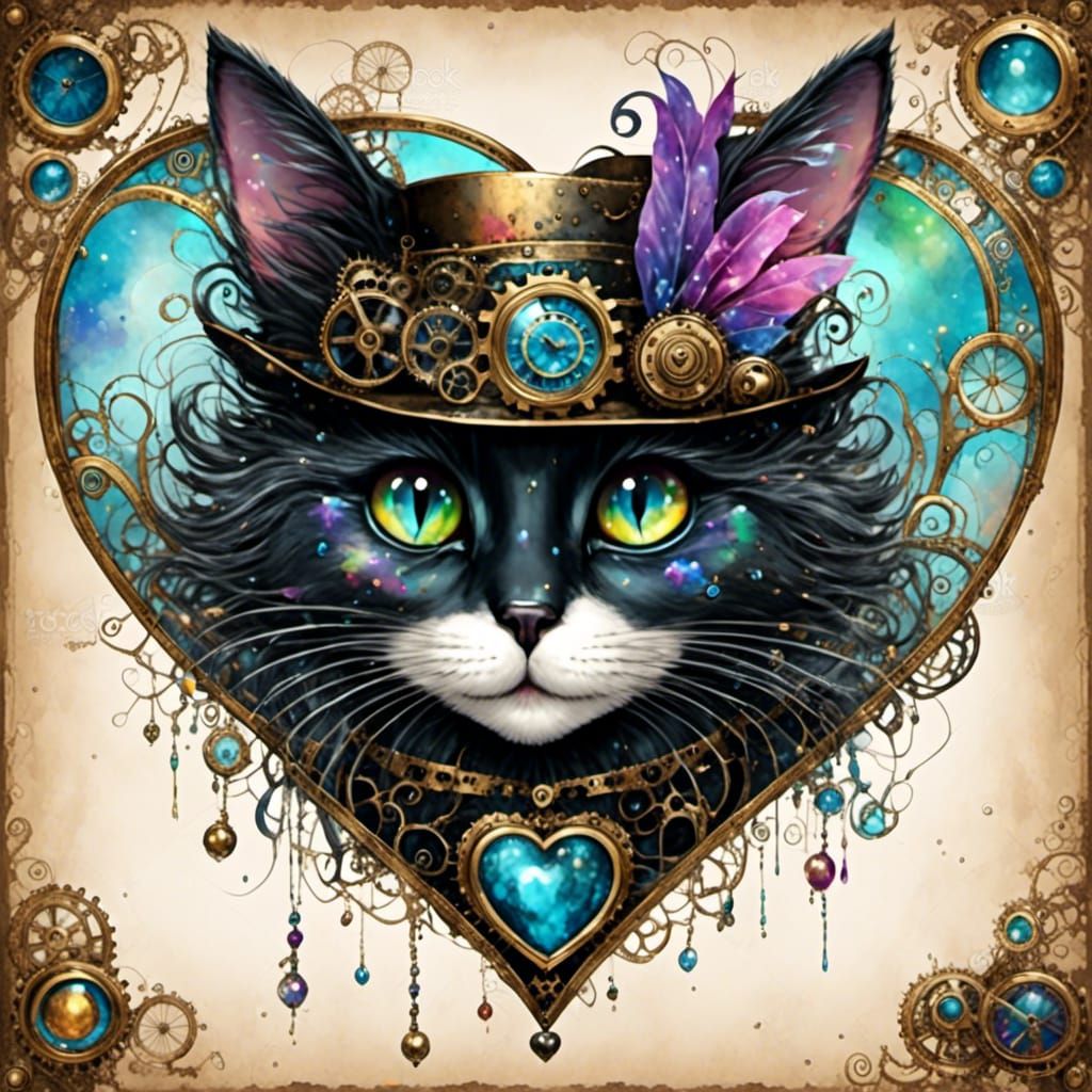 Steampunk Black Cat in Ink and Watercolor Style