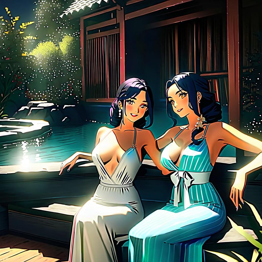 Women Lounging at Hot Spring in Anime Film Style