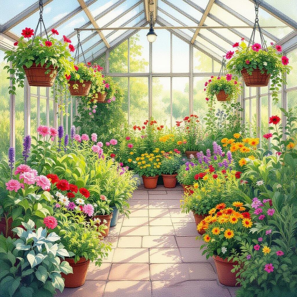 Enchanting Greenhouse with Lush Plants: Watercolour Pencil D...