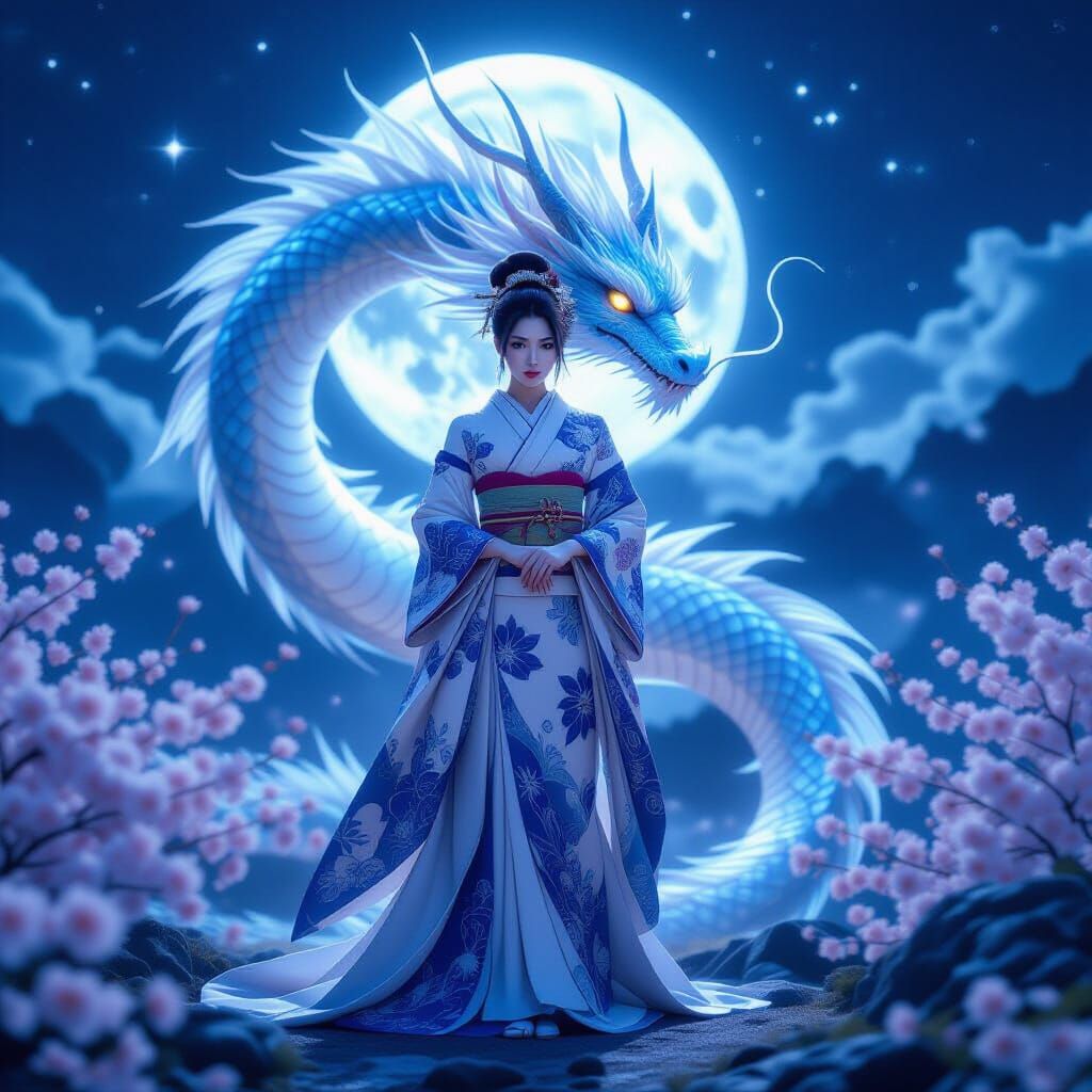 Mystical Moon Dragon: Japanese Woman in Dreamlike Landscape