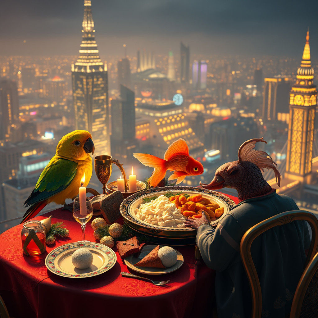 Holiday Feast Atop London Skyscraper, Digital Art