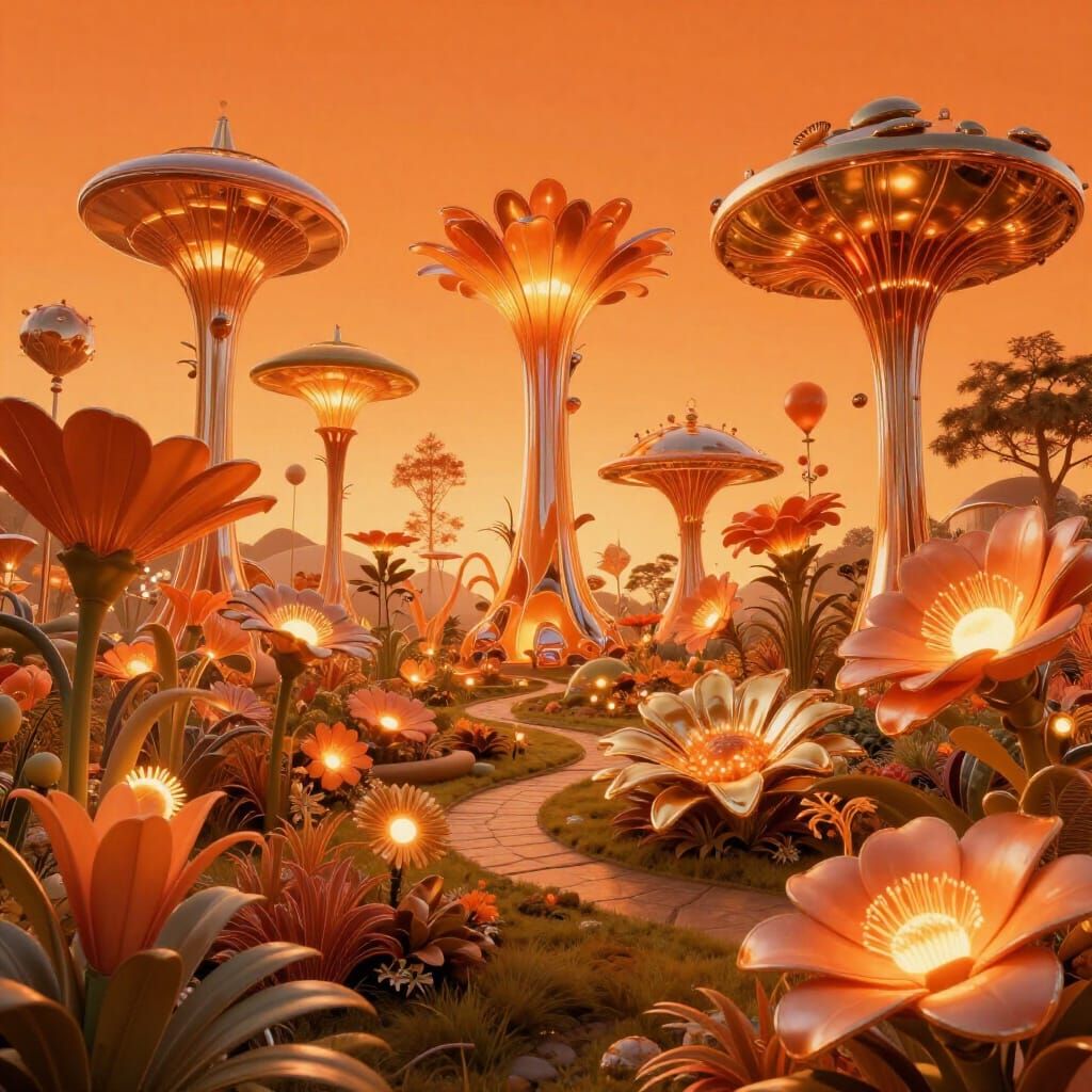 Utopian Futuristic Garden in Vintage Retrofuturism Style