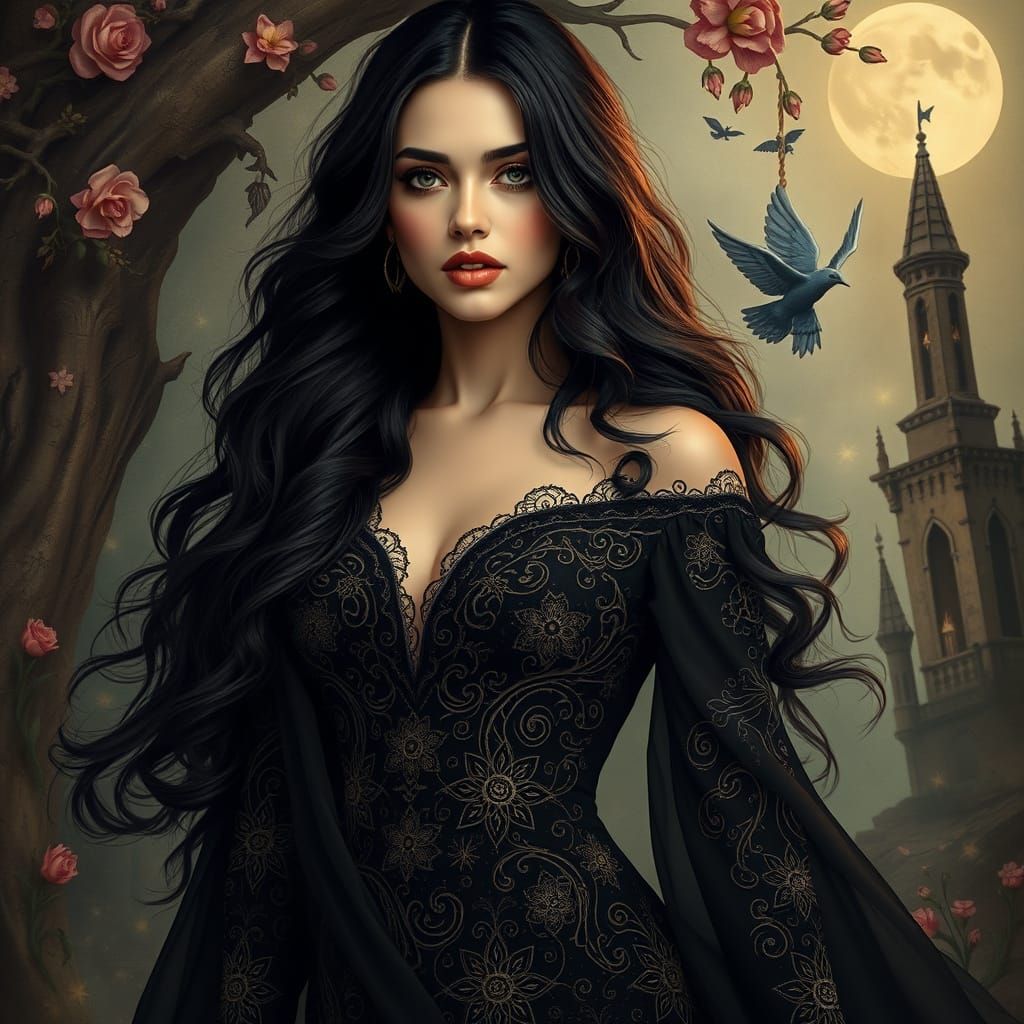 Mystical Fantasy Goddess in Elegant Black Gown