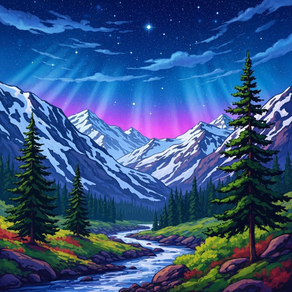 Starry Night Mountain Valley in Expressionist Style