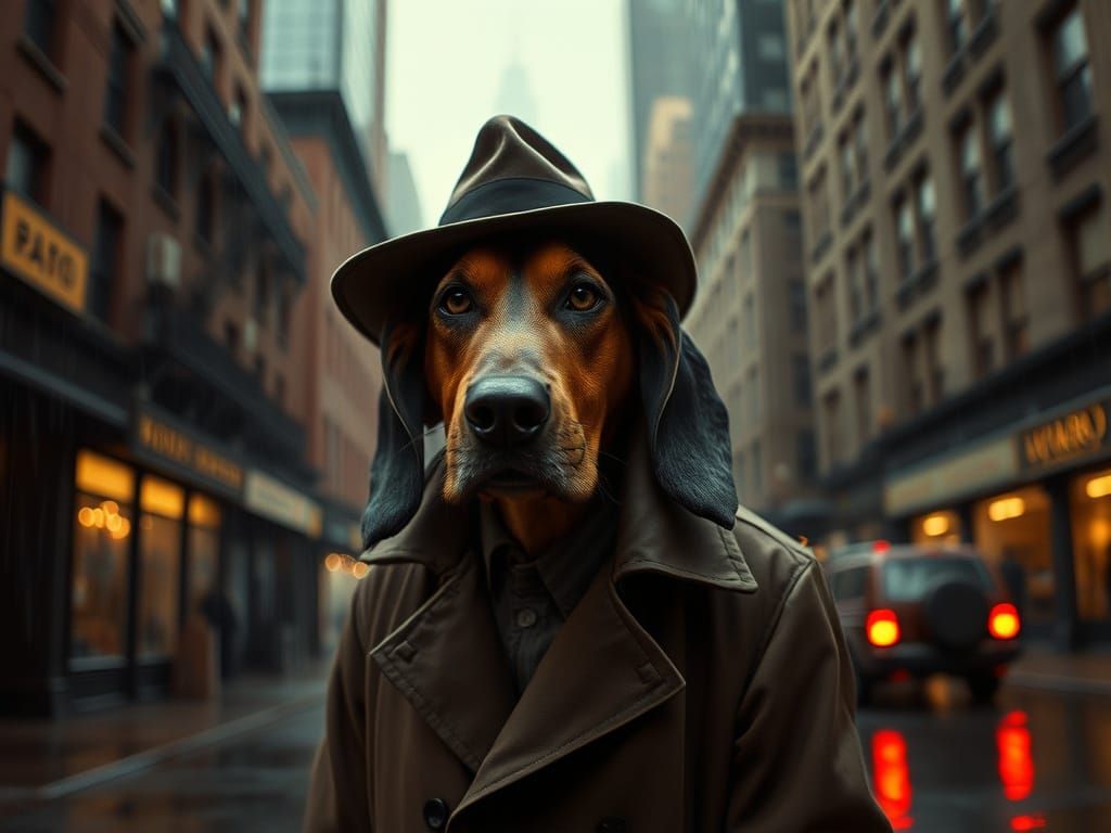 Film Noir, an anthropomorphic bloodhound dressed as a private eye