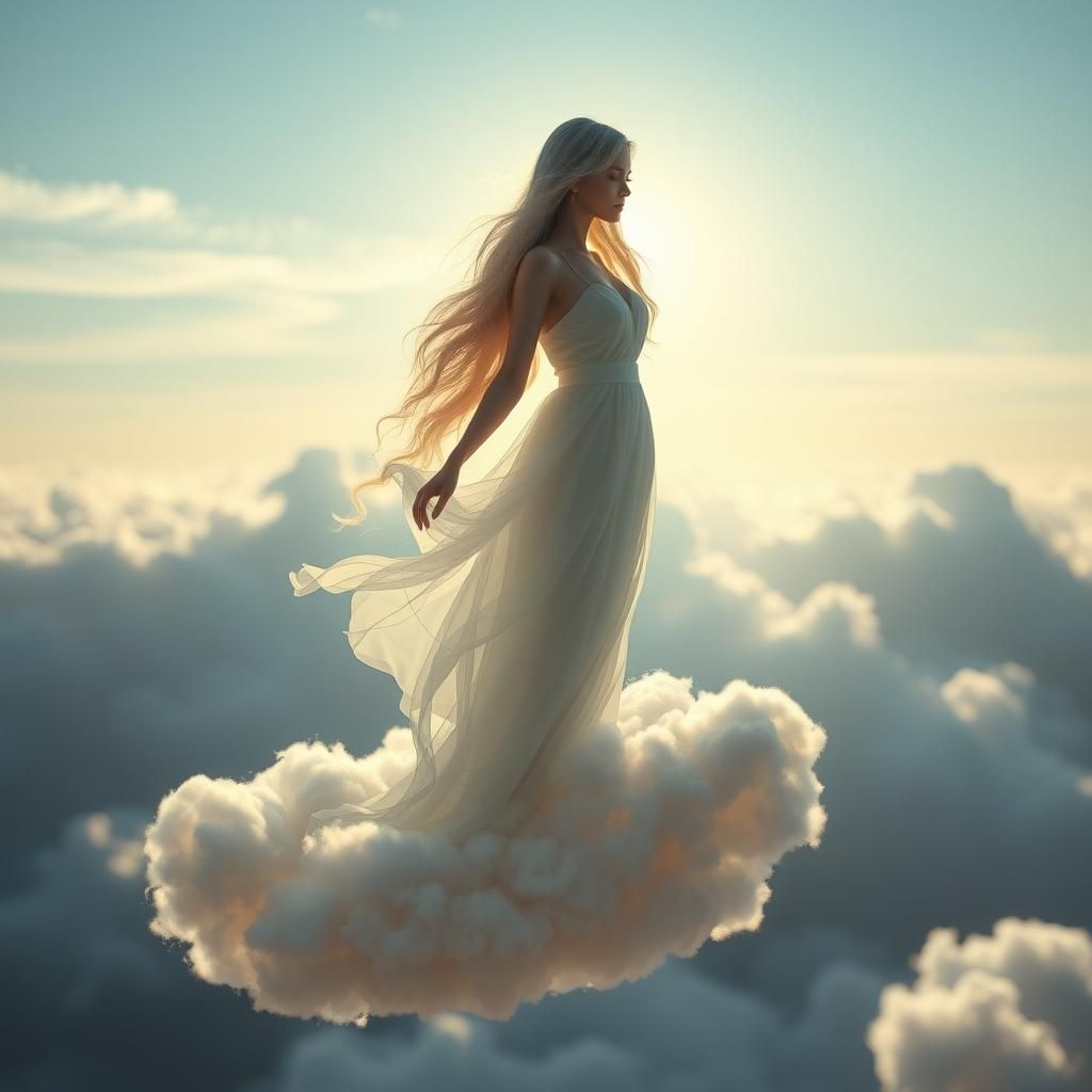 Ethereal Woman Floating on Cloud, Digital Art