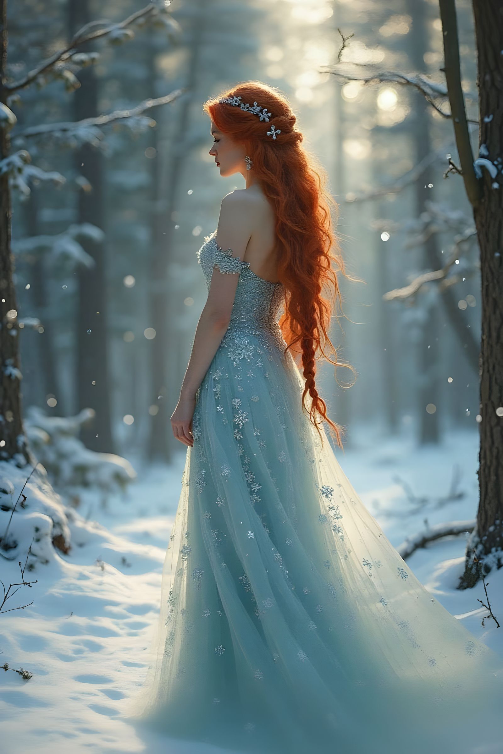 Ethereal Redhead in Winter Forest, Art Nouveau Style
