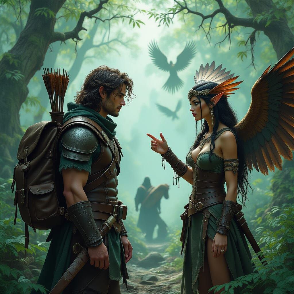 Harpy Clan in Mystical Forest, Fantasy Art