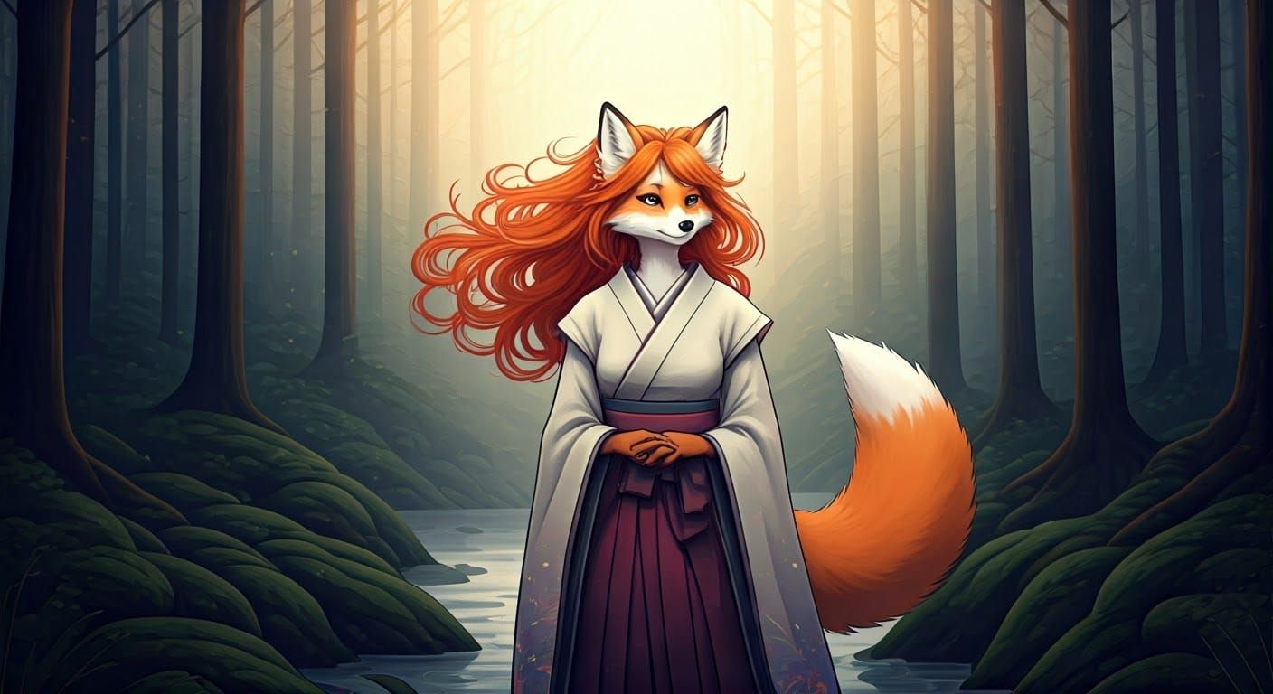 Ethereal Vulpine Maiden in Misty Japanese Forest