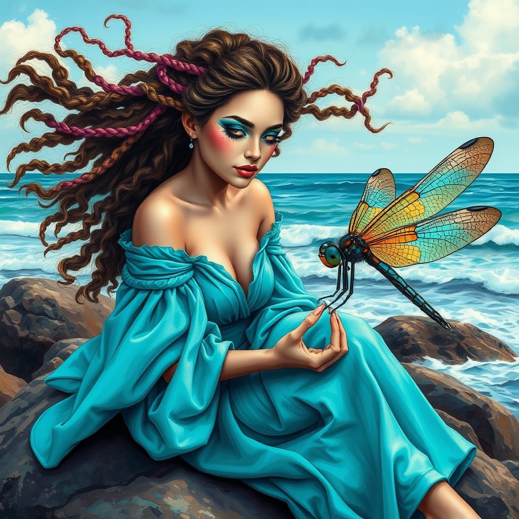 Whimsical Ocean Goddess with Turquoise Beauty and Dragonfly ...