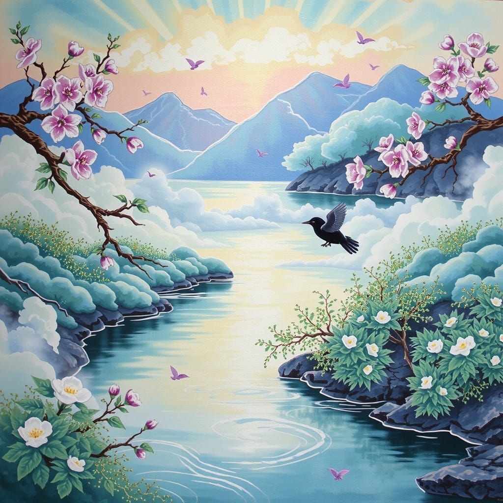 Silk Embroidery: Chinese Cherry Blossom Landscape