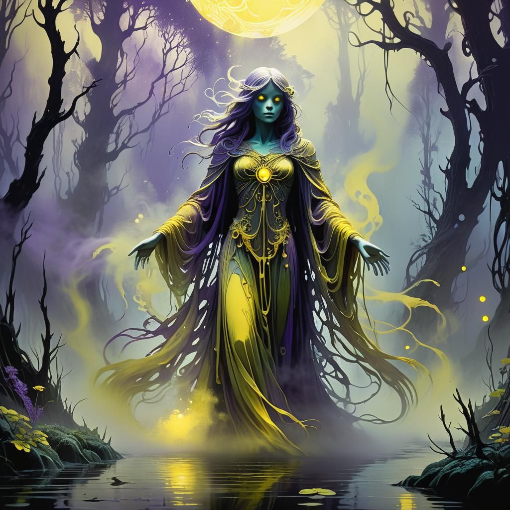 Ghostly Spirit in Mist Filled Swamp: Art Nouveau Style
