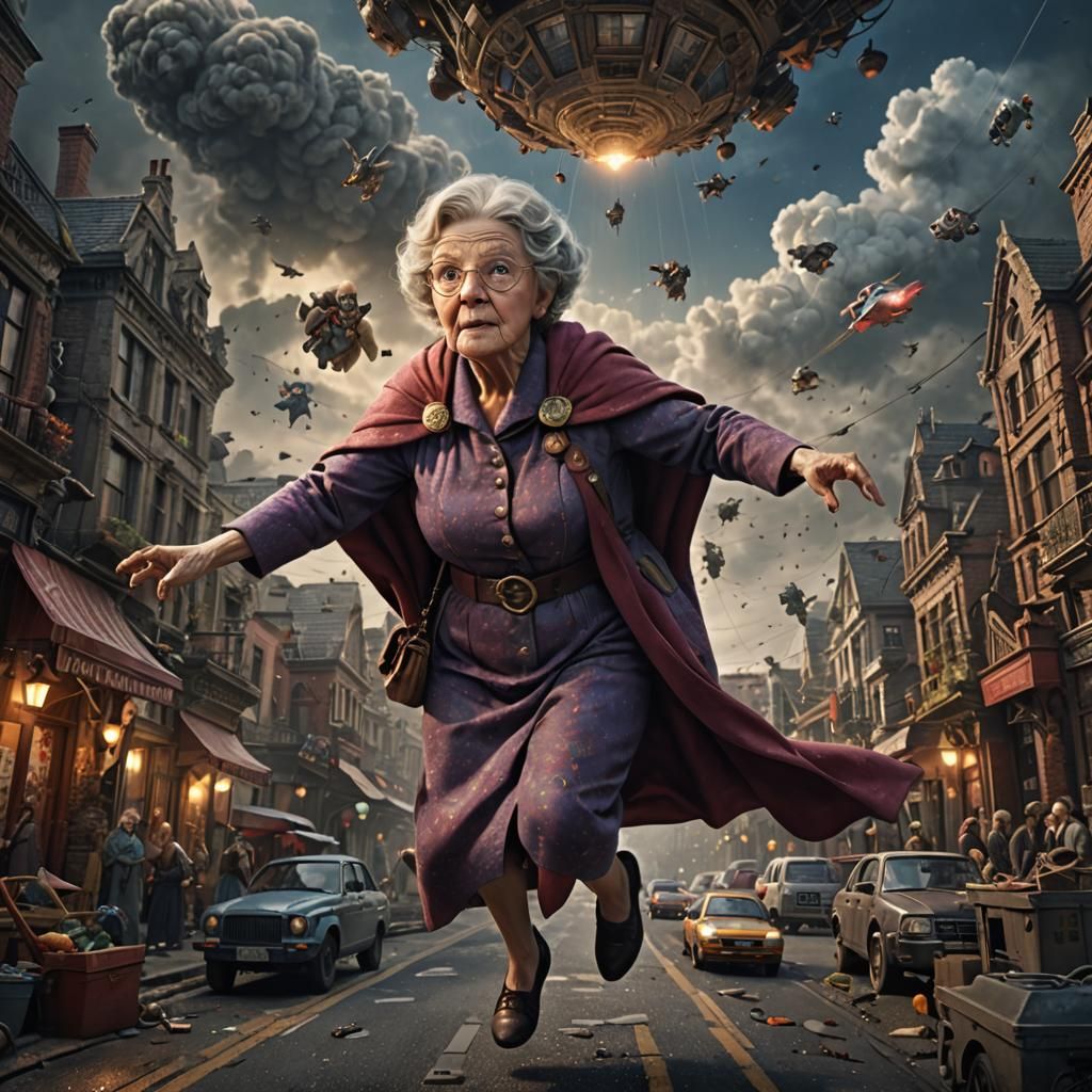 Epic Super Granny in Flight: Digital Matte Painting