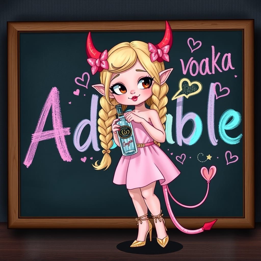 Kawaii Demon Girl in Murakami Style Writes 'Adorable'