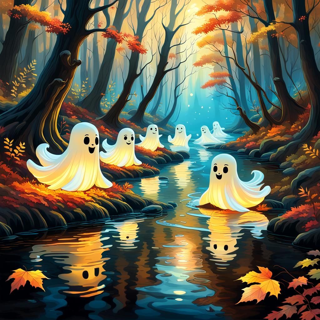 Ethereal Ghosts in Autumn Forest: Fantasy Concept Art