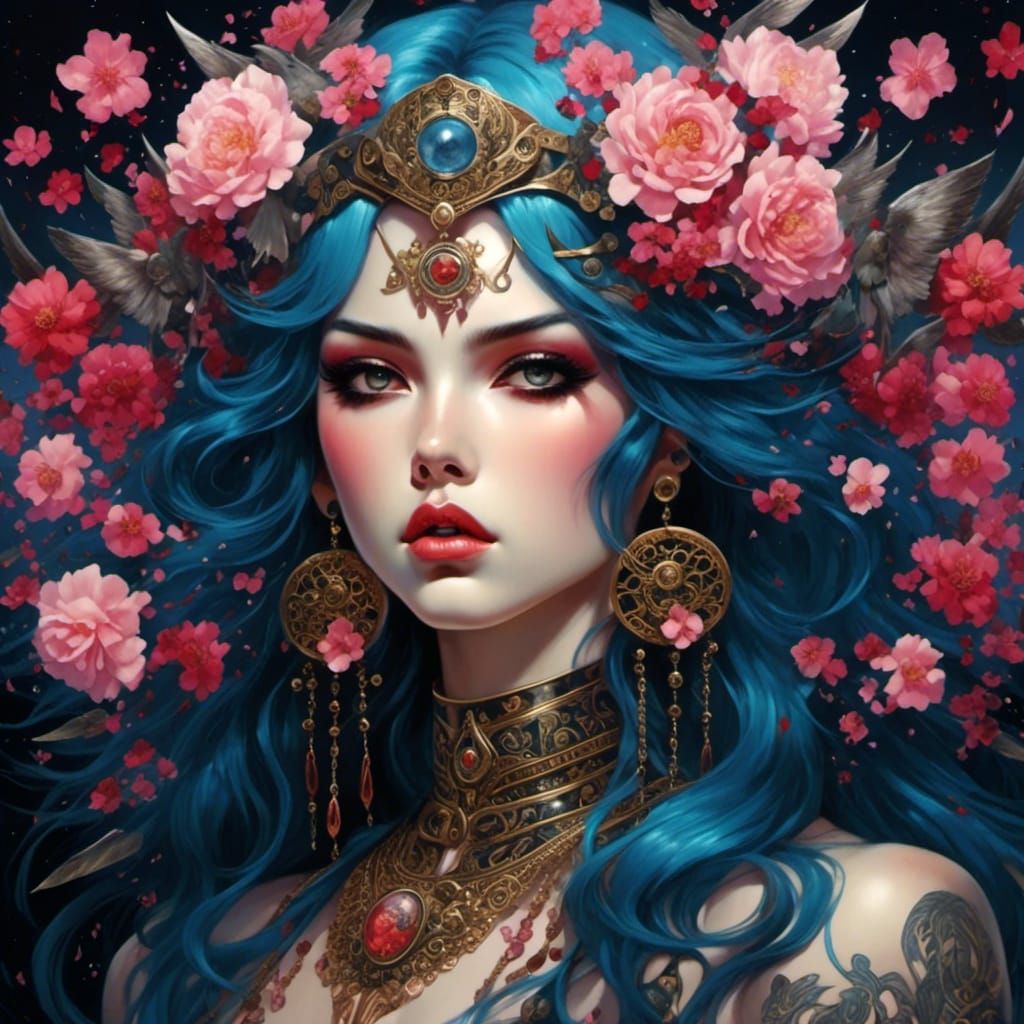 Gothic Anime Goddess with Cosmic Tattoos