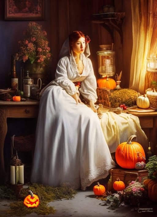 Magic Garden Maid: Detailed Digital Oil Painting