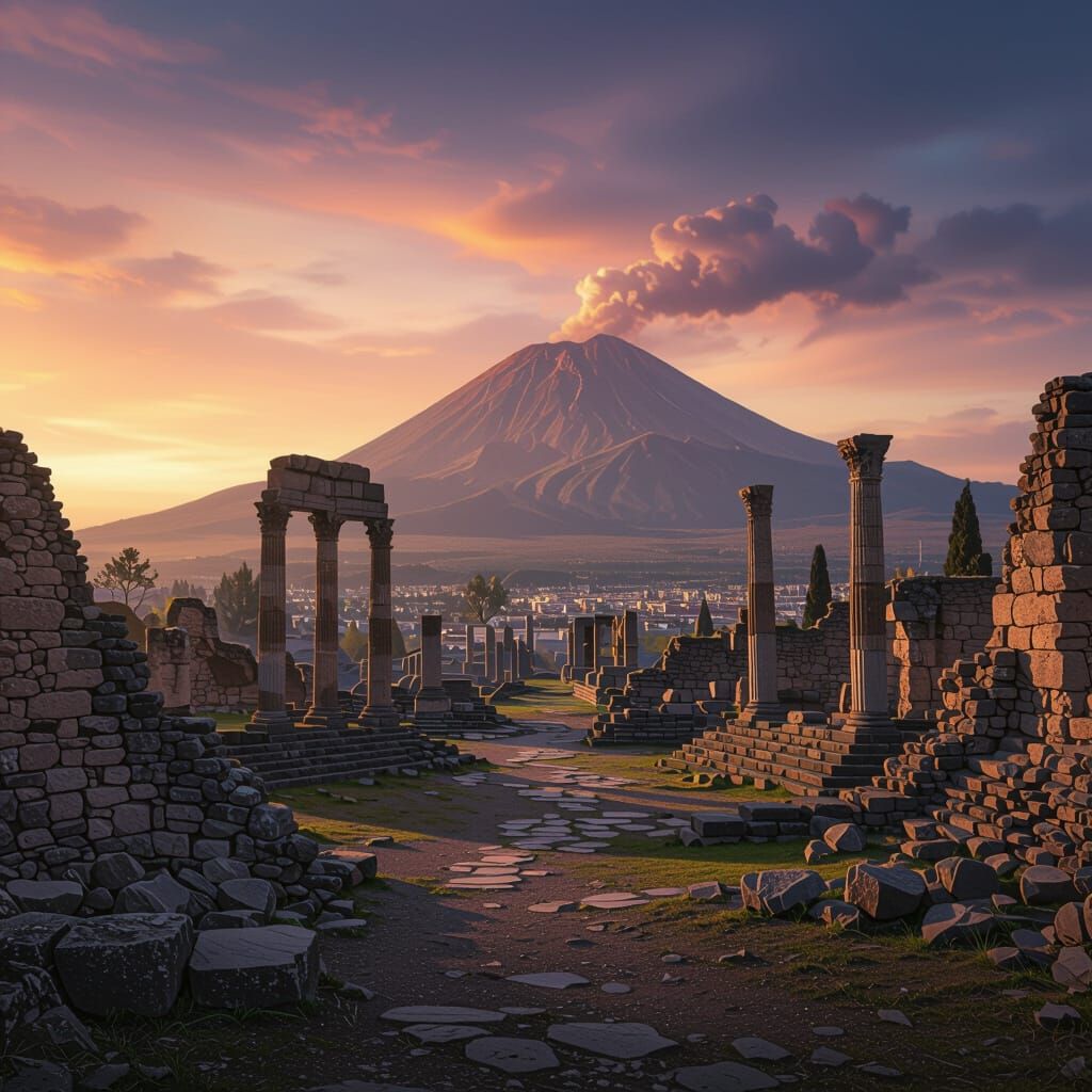 Ancient Ruined City at Sunset with Volcano
